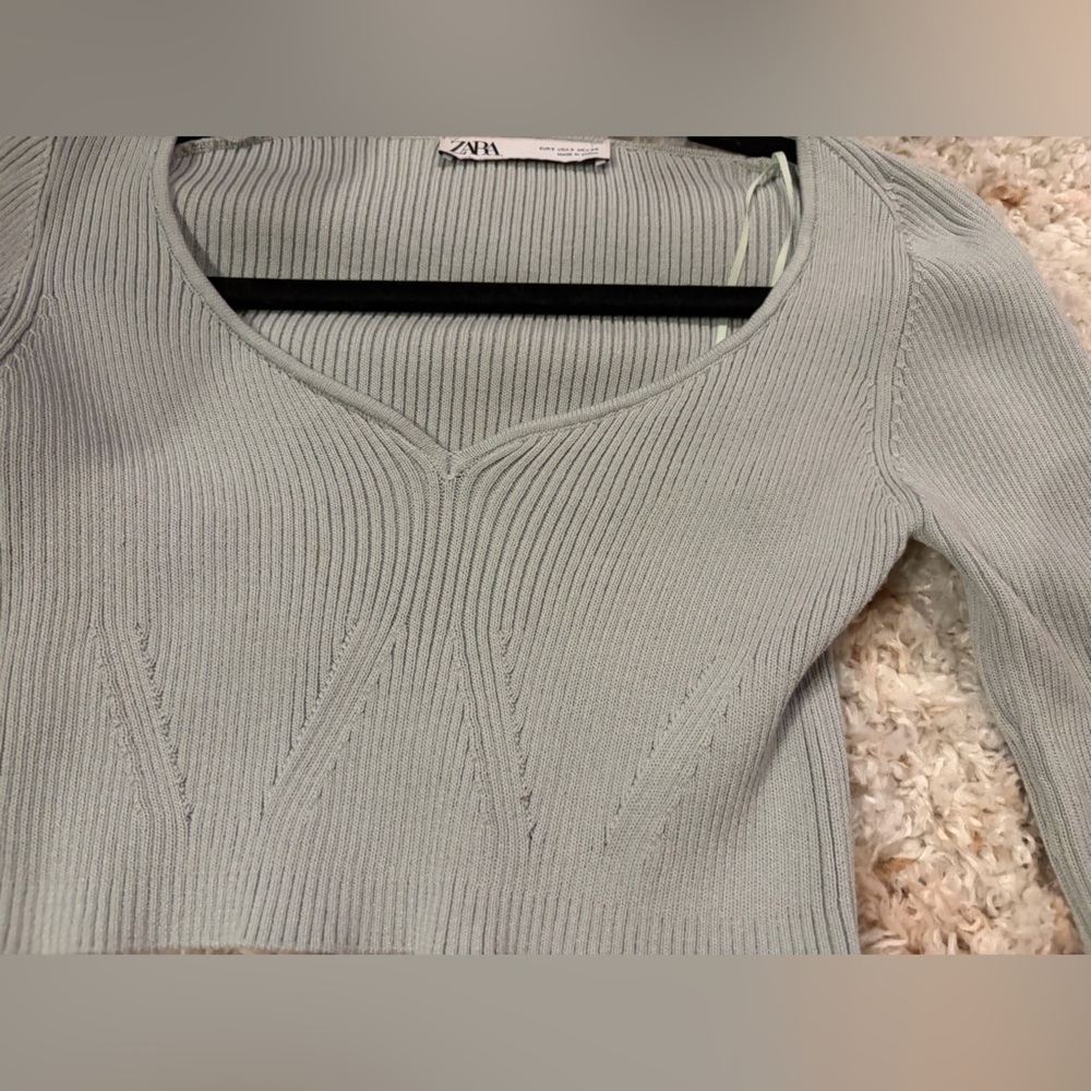 Zara Ribbed Light Blue/Grey Long-Sleeve Crop Top Small - Picture 5 of 7